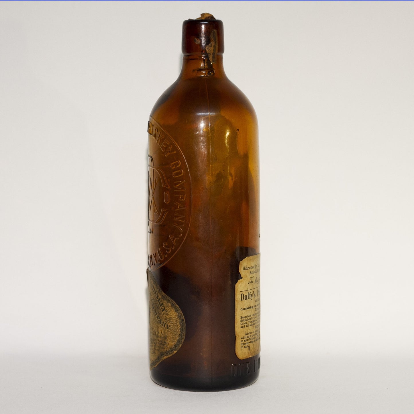 Amber Glass DUFFY'S PURE MALT WHISKEY Bottle With Original Duffy Paper Labels Circa 1910