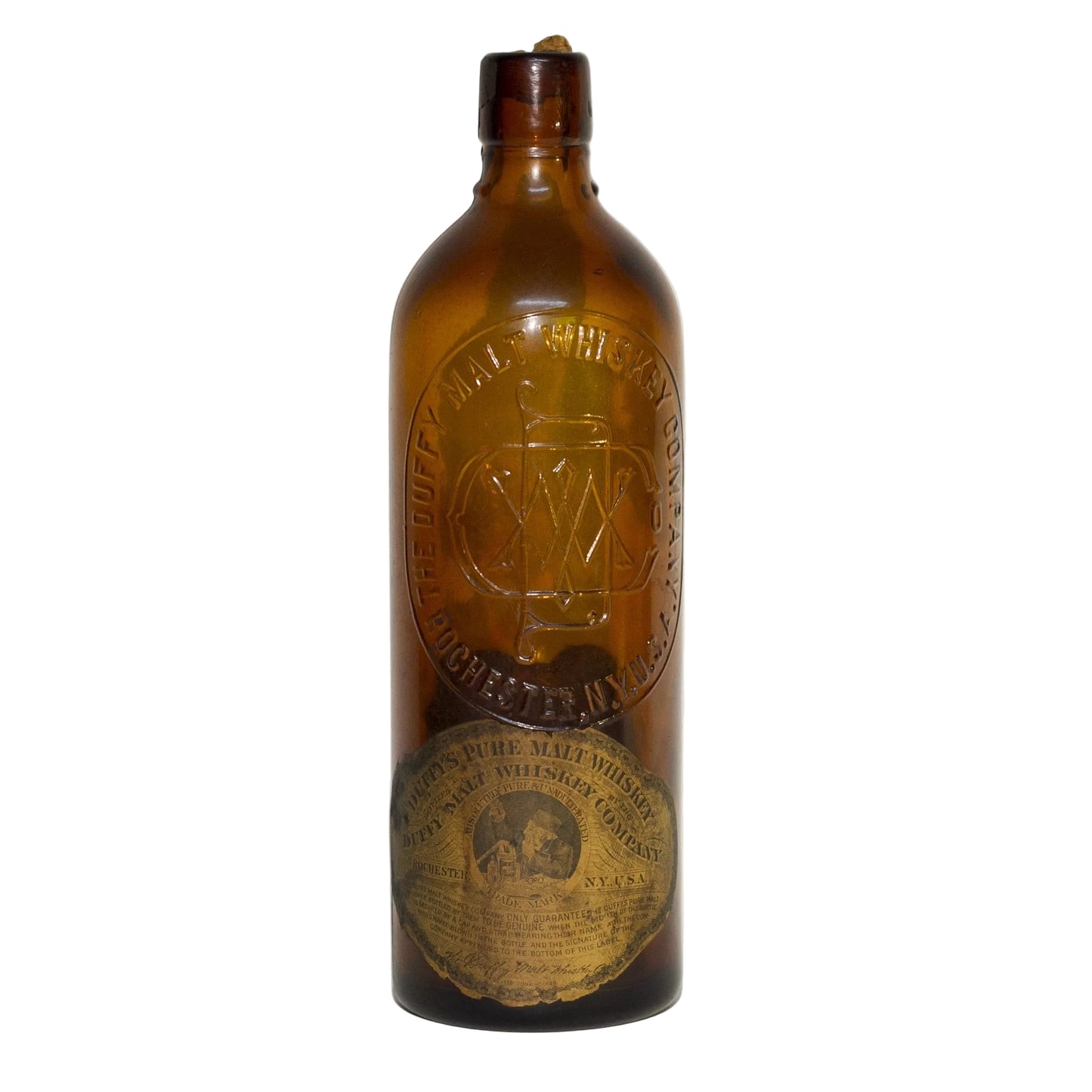 Amber Glass DUFFY'S PURE MALT WHISKEY Bottle With Original Duffy Paper Labels Circa 1910