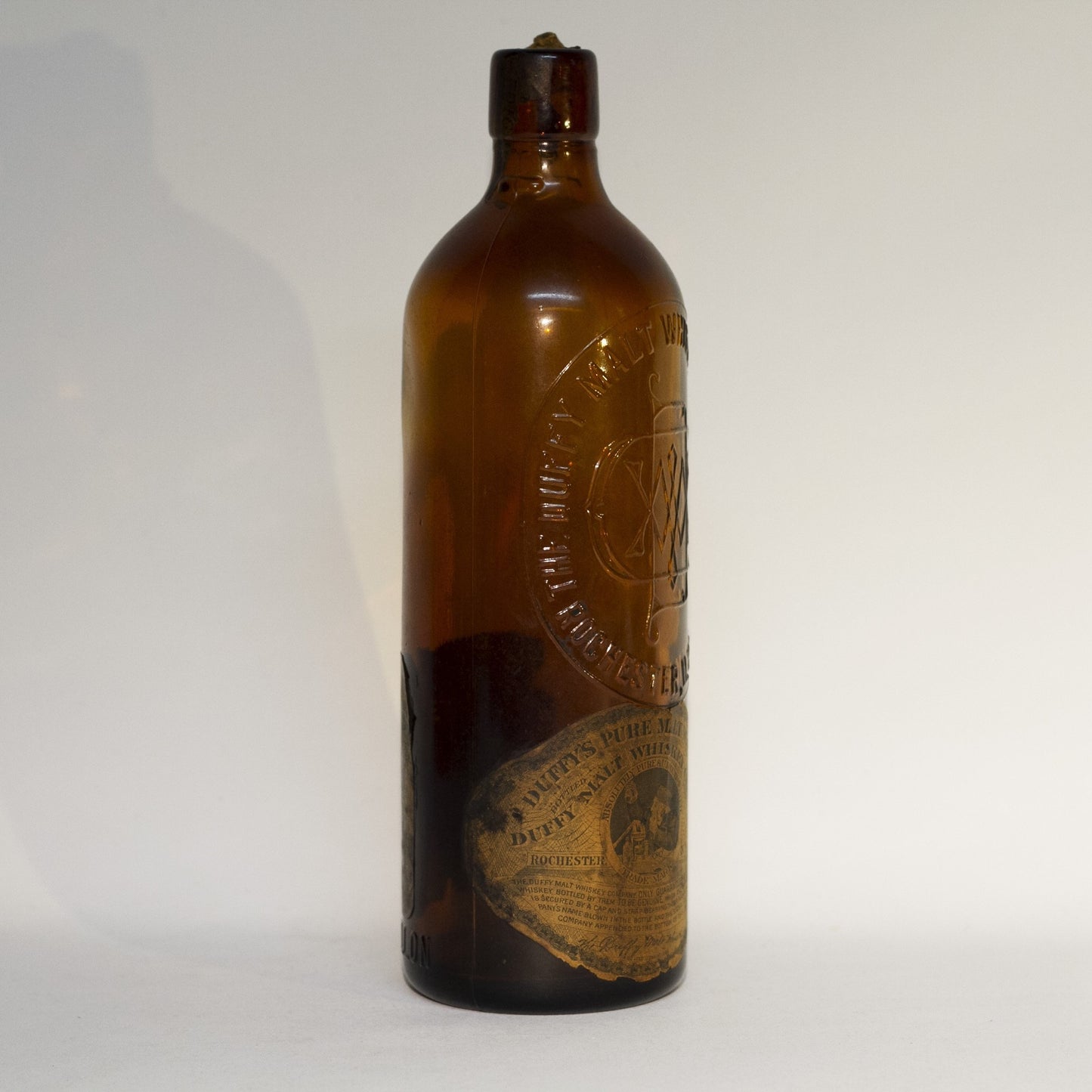 Amber Glass DUFFY'S PURE MALT WHISKEY Bottle With Original Duffy Paper Labels Circa 1910