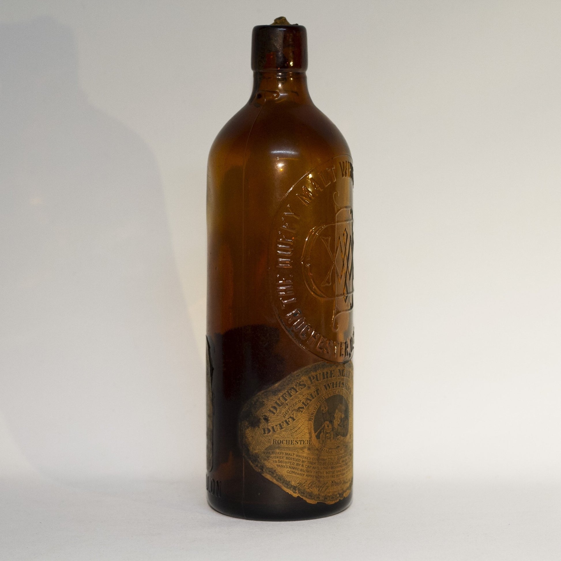 Amber Glass DUFFY'S PURE MALT WHISKEY Bottle With Original Duffy Paper Labels Circa 1910