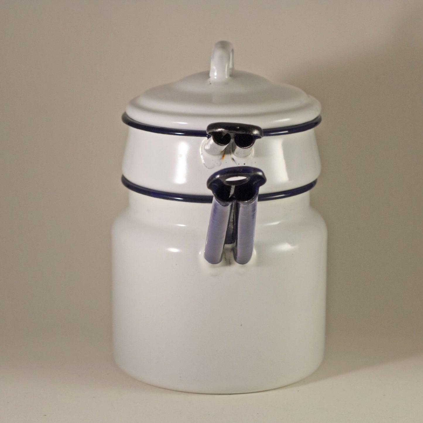 ENAMEL WARE DOUBLE BOILER White with Dark Blue Handles Circa 1940