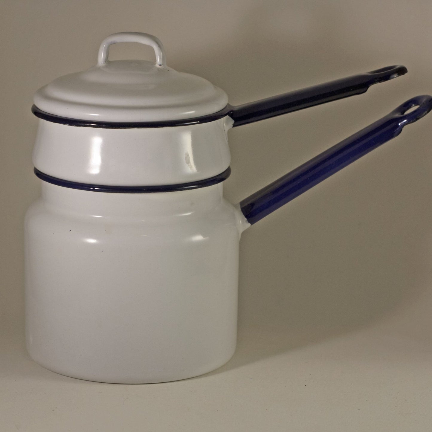 ENAMEL WARE DOUBLE BOILER White with Dark Blue Handles Circa 1940