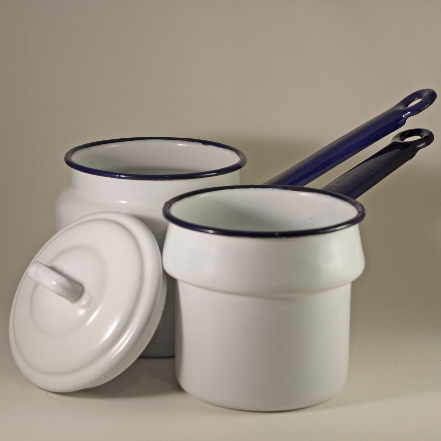 ENAMEL WARE DOUBLE BOILER White with Dark Blue Handles Circa 1940