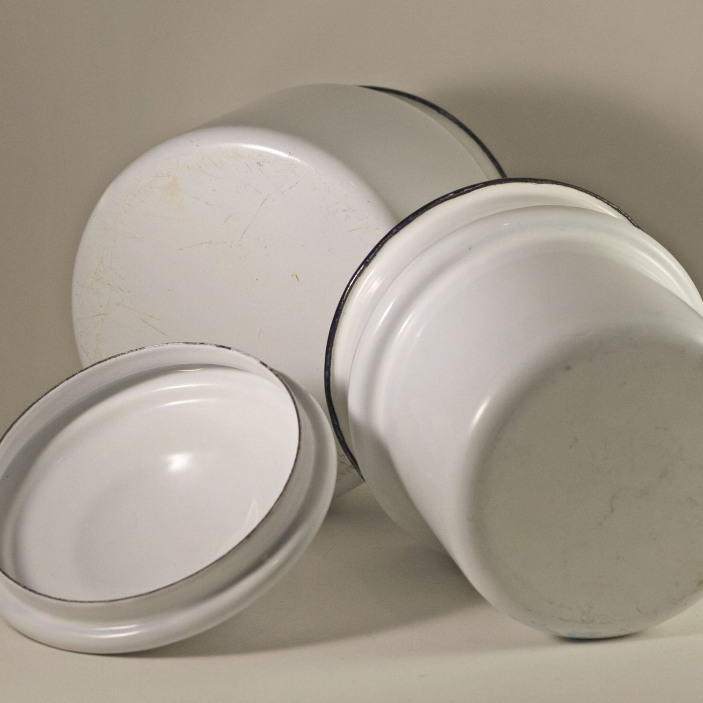 ENAMEL WARE DOUBLE BOILER White with Dark Blue Handles Circa 1940