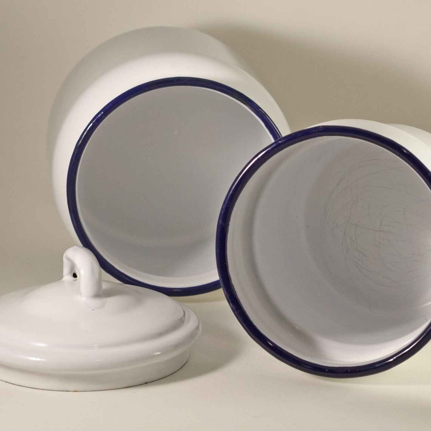 ENAMEL WARE DOUBLE BOILER White with Dark Blue Handles Circa 1940