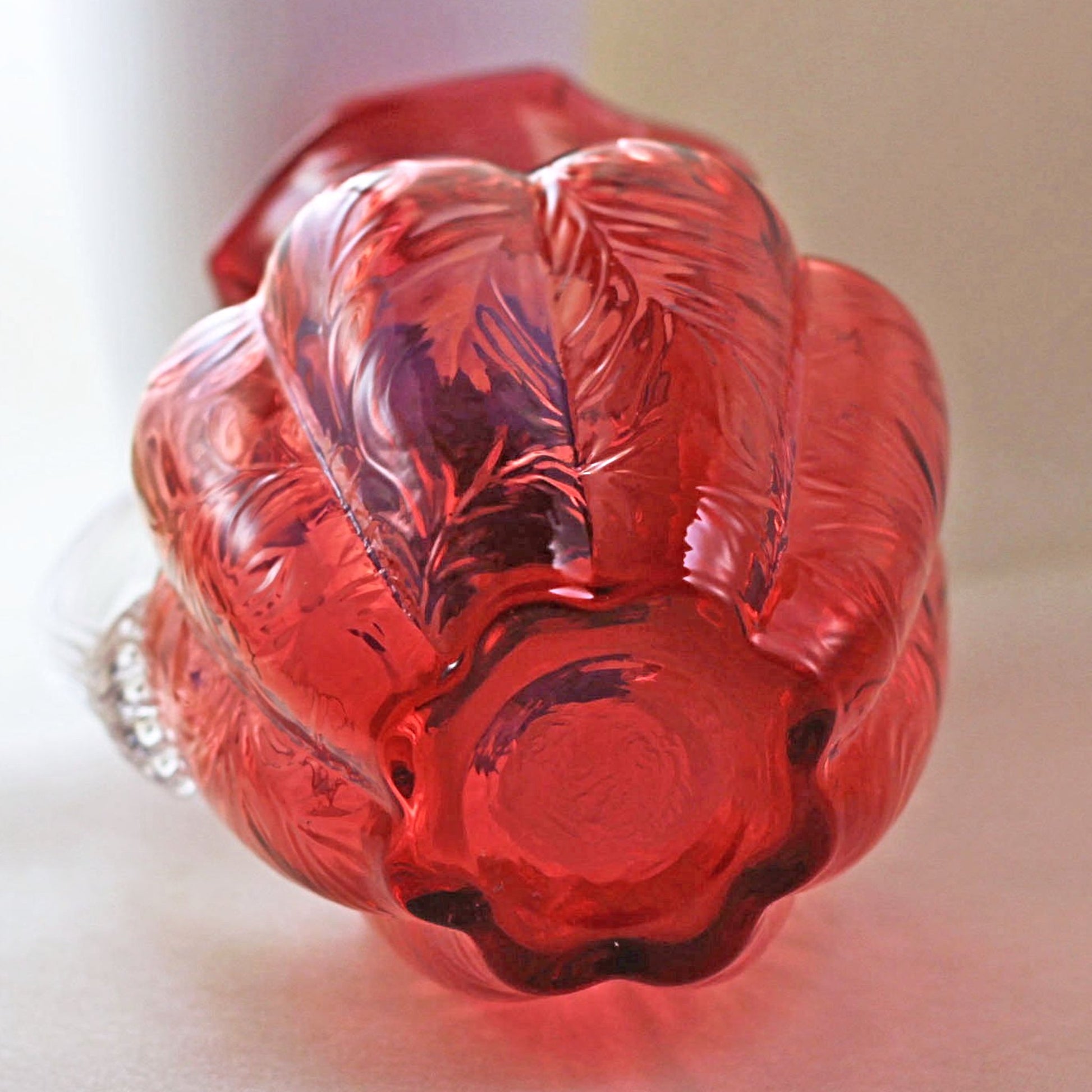 FENTON CRANBERRY GLASS Pitcher with Embossed Fern Design and Reed Design Handle