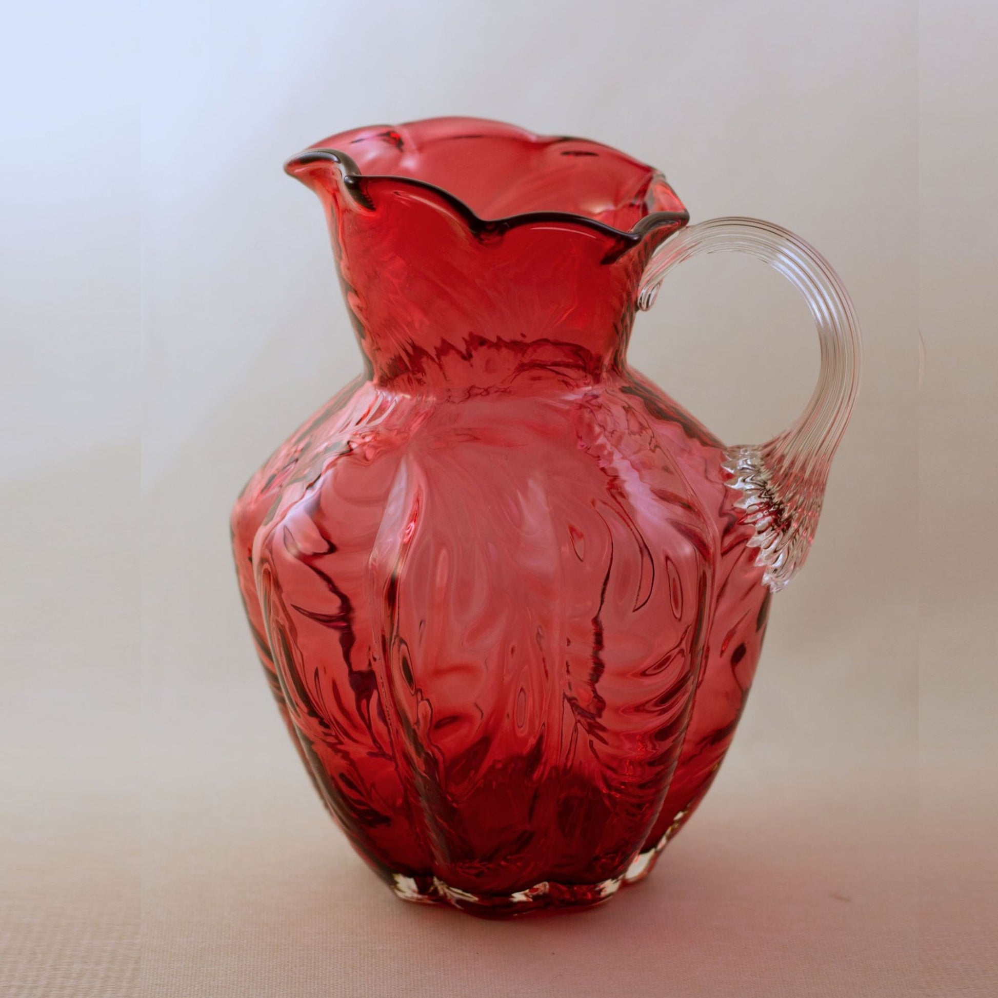 FENTON CRANBERRY GLASS Pitcher with Embossed Fern Design and Reed Design Handle