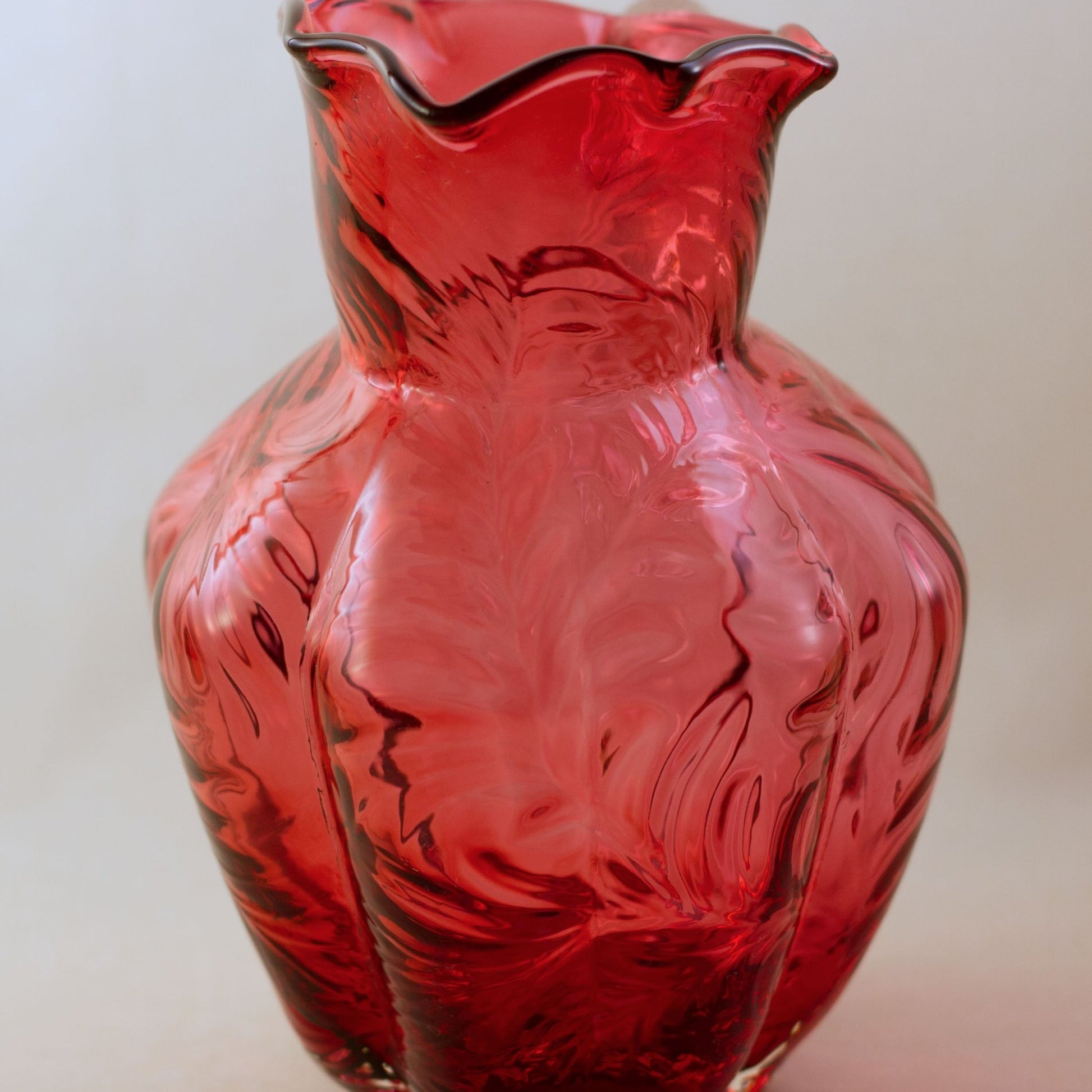 FENTON CRANBERRY GLASS Pitcher with Embossed Fern Design and Reed Design Handle