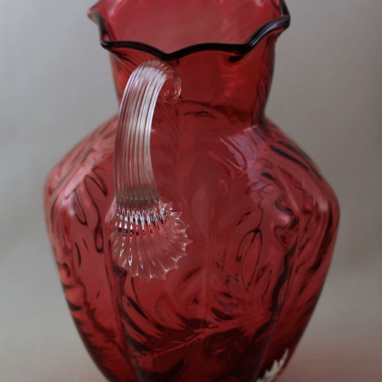FENTON CRANBERRY GLASS Pitcher with Embossed Fern Design and Reed Design Handle
