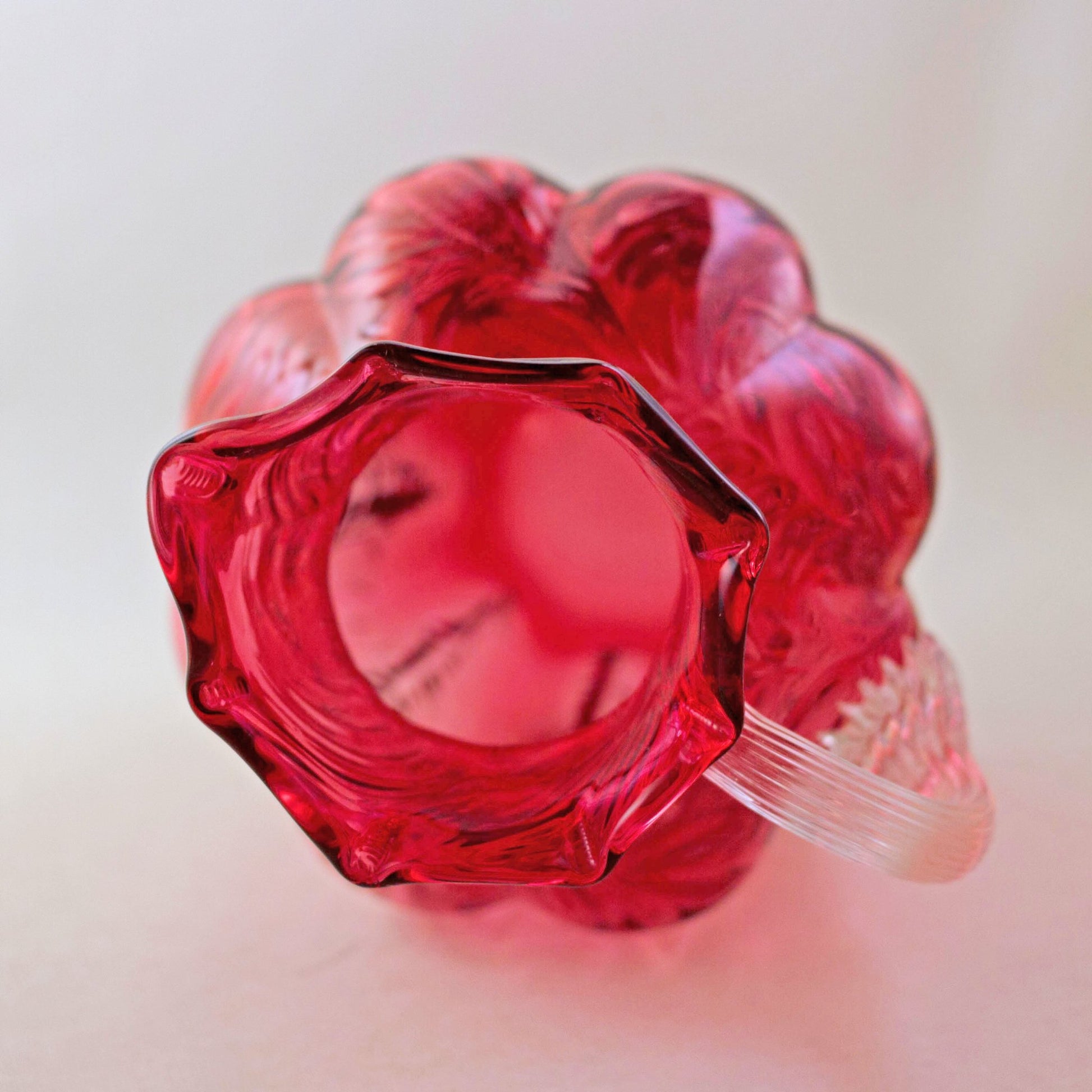 FENTON CRANBERRY GLASS Pitcher with Embossed Fern Design and Reed Design Handle