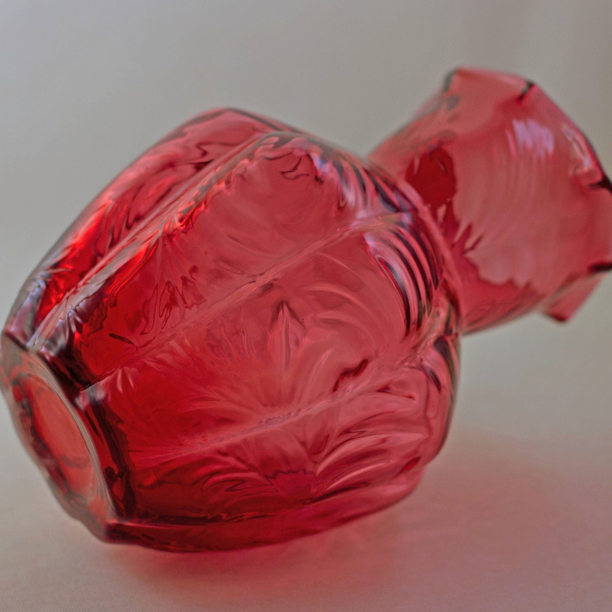 FENTON CRANBERRY GLASS Pitcher with Embossed Fern Design and Reed Design Handle