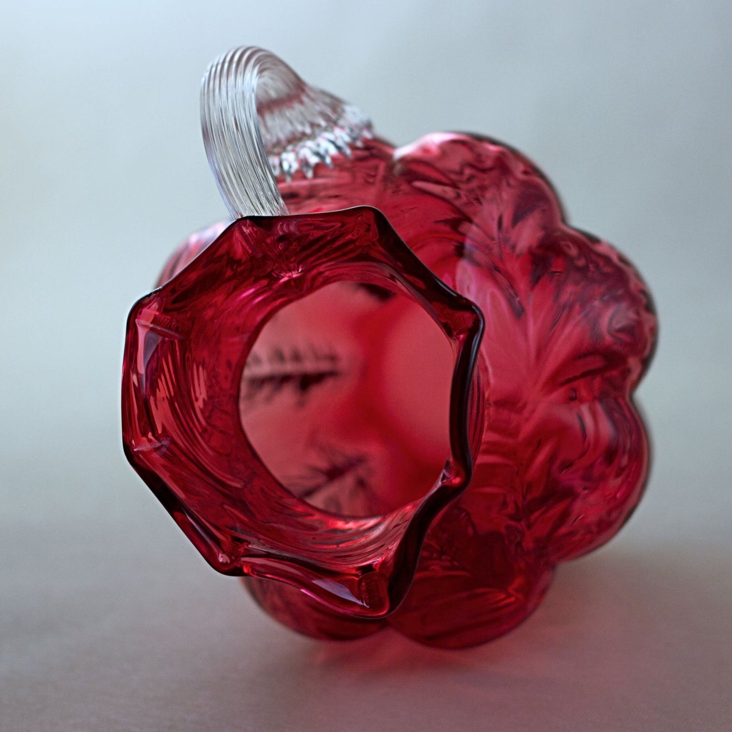 FENTON CRANBERRY GLASS Pitcher with Embossed Fern Design and Reed Design Handle