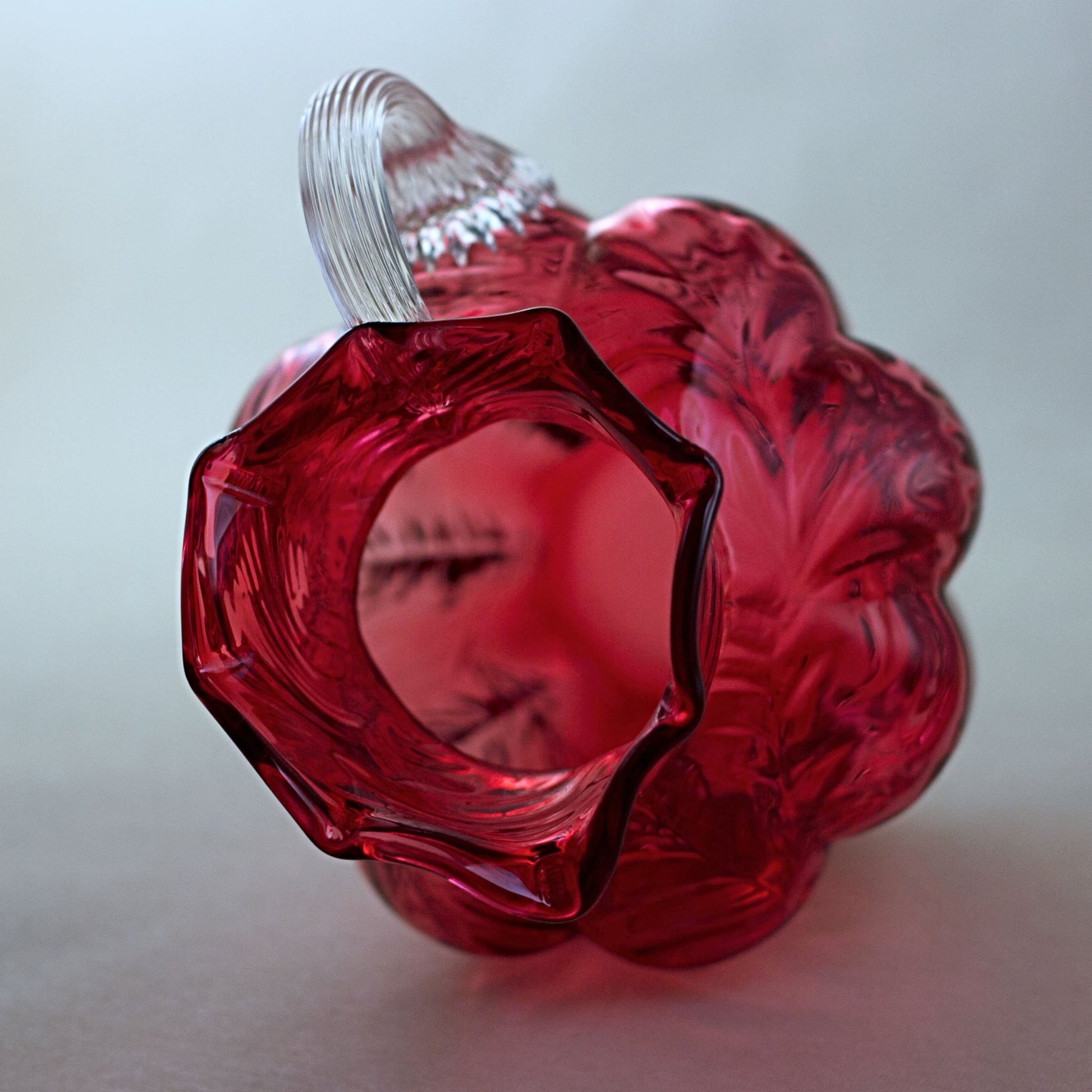 FENTON CRANBERRY GLASS Pitcher with Embossed Fern Design and Reed Design Handle
