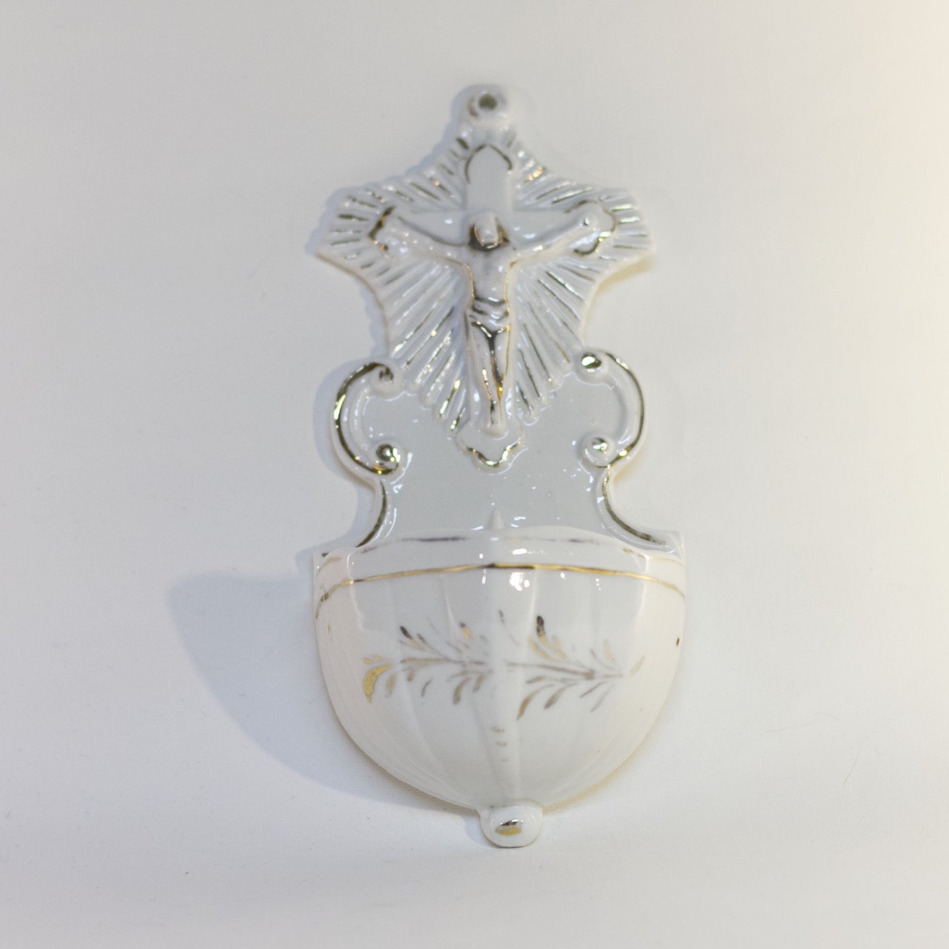 Vintage HOLY WATER FONT Depicting PASSION OF THE CHRIST CRUCIFIX Gold Gilt Hand-Painted Bisque