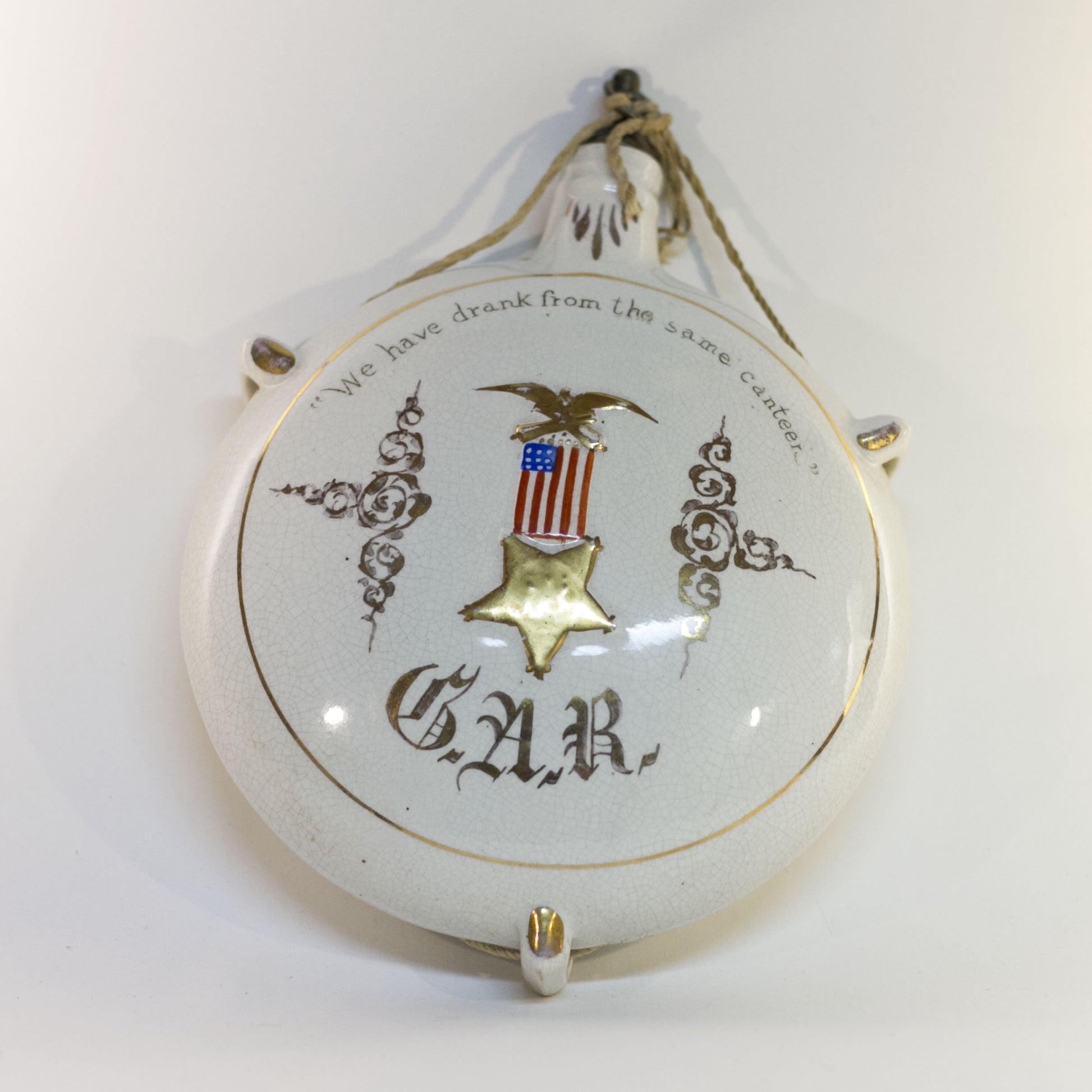 GRAND ARMY OF THE REPUBLIC (G.A.R.) Civil War Veteran CERAMIC CANTEEN Circa Late 1800s Front