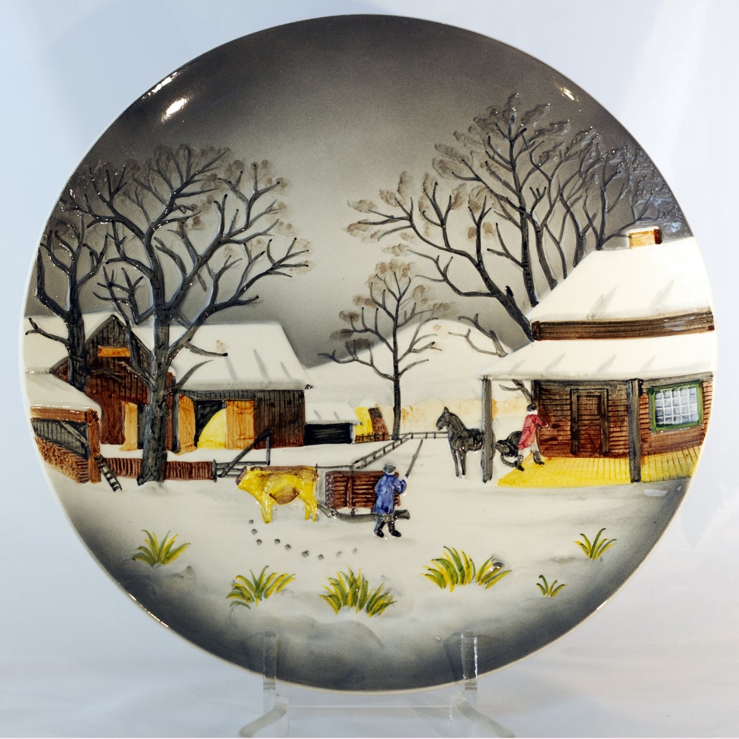 GERMANY CERAMIC 13" PLATE Hand Painted Snowy Farm Scene Circa 1950s