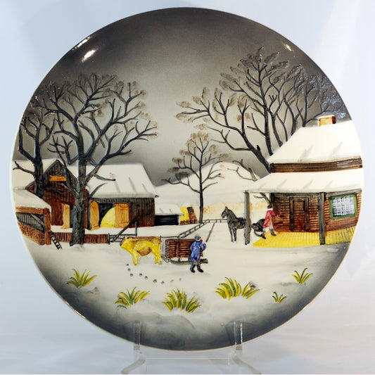 GERMANY CERAMIC 13" PLATE Hand Painted Snowy Farm Scene Circa 1950s