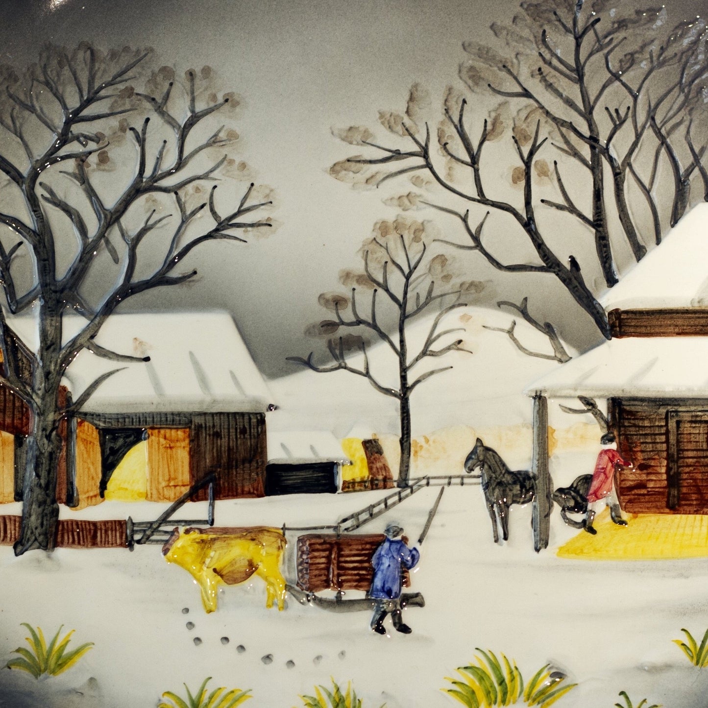 GERMANY CERAMIC 13" PLATE Hand Painted Snowy Farm Scene Circa 1950s