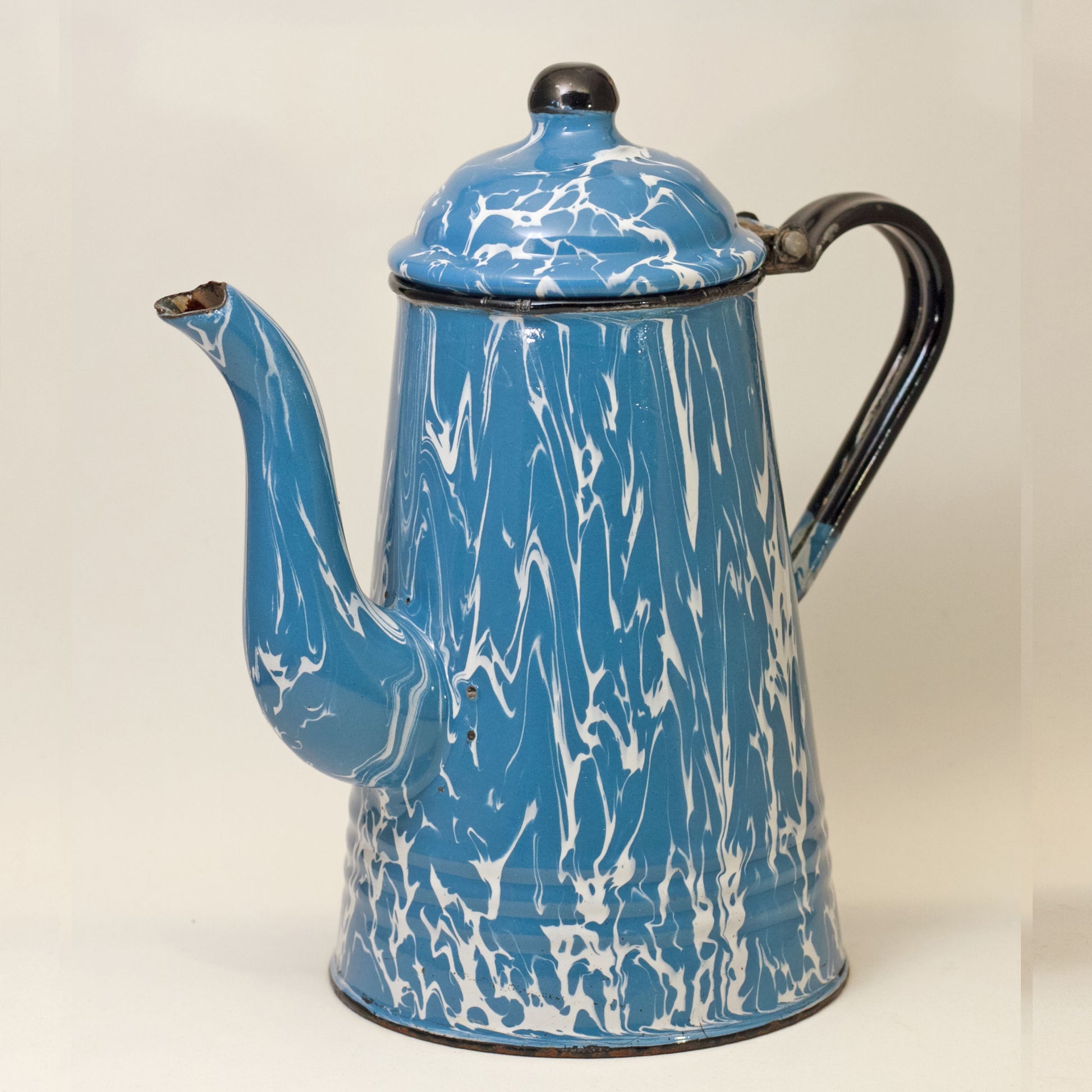 GRANITE WARE GOOSENECK TEAPOT Blue and White Swirl Circa 1880 - 1920