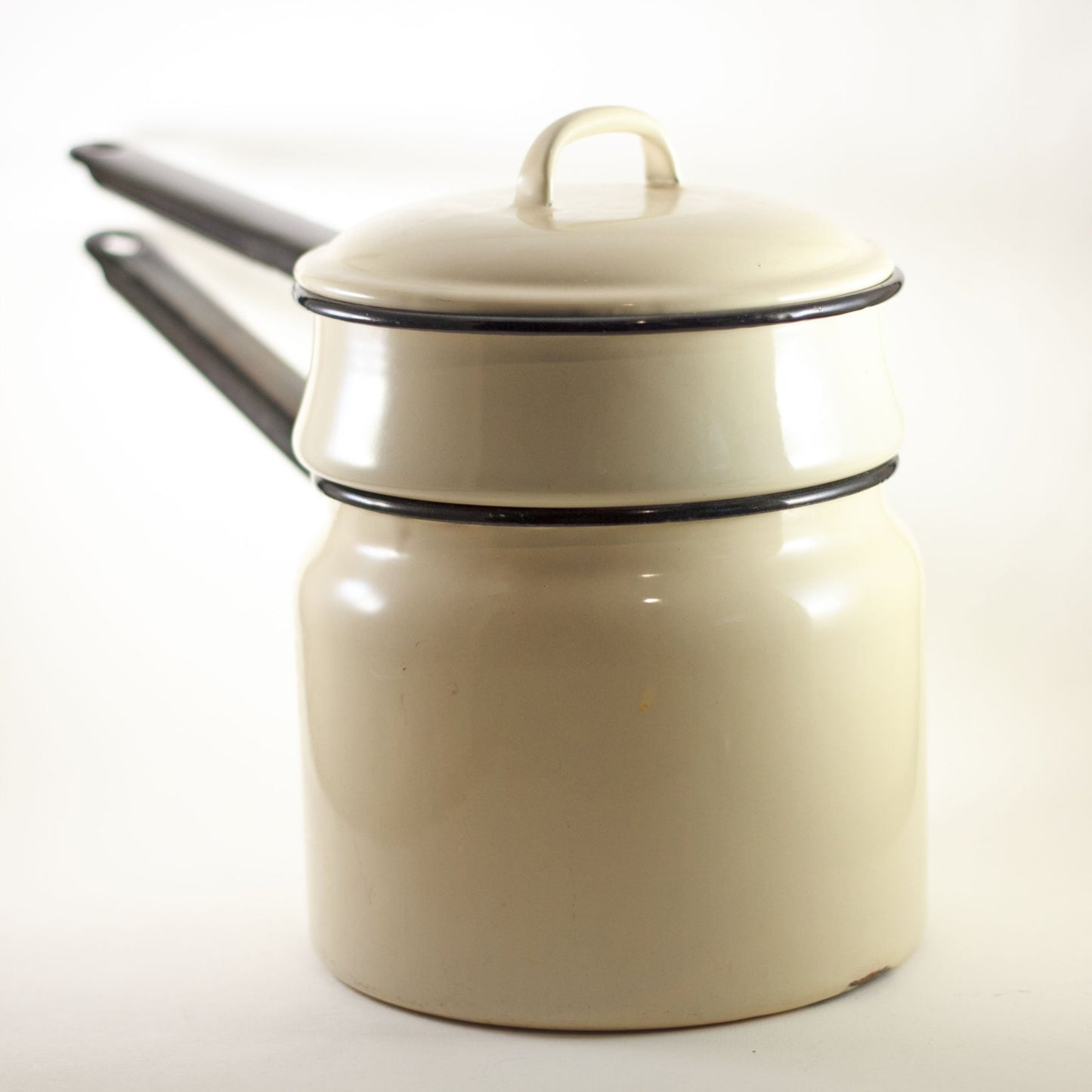 ENAMELWARE DOUBLE BOILER Beige with Black Handles Circa 1940s