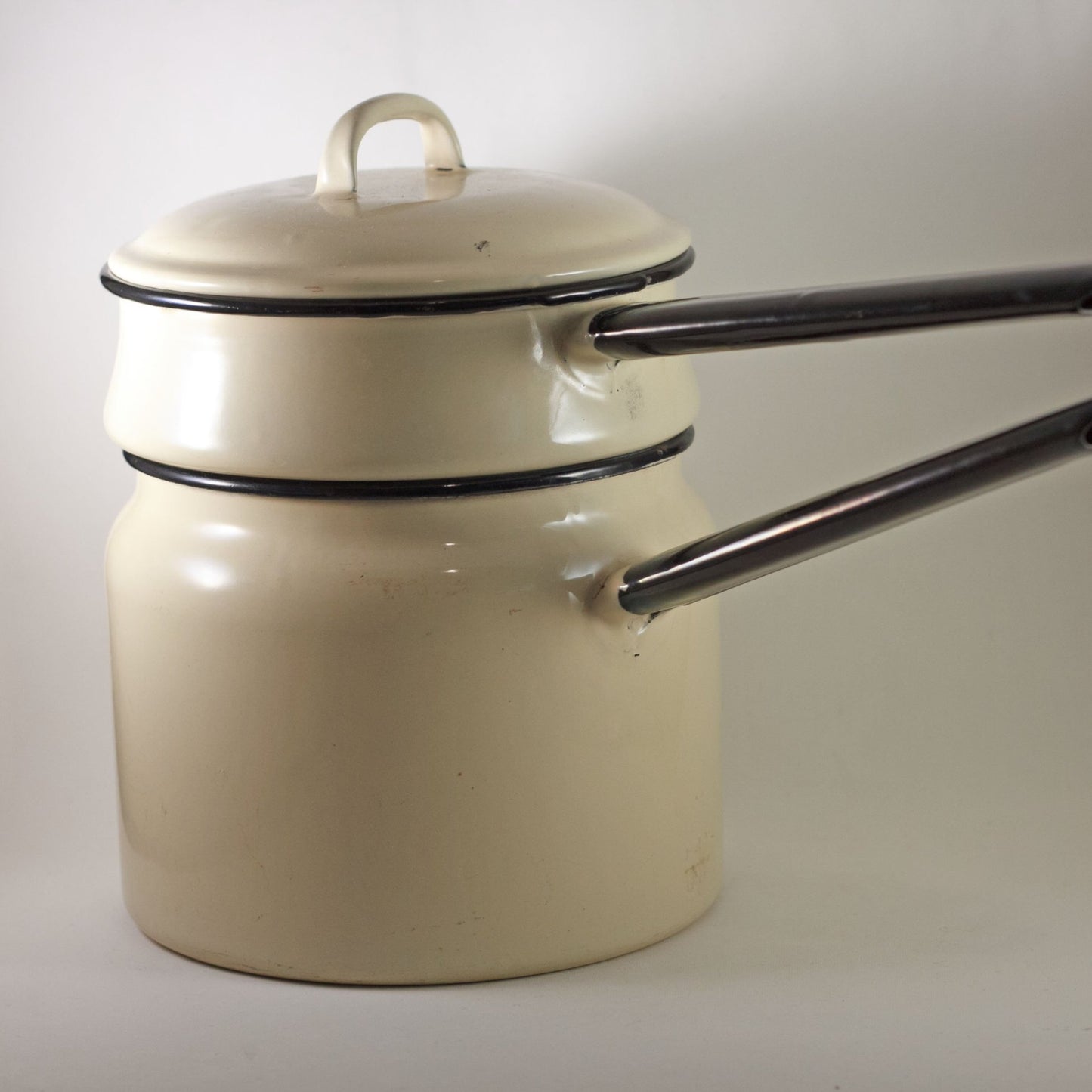 ENAMELWARE DOUBLE BOILER Beige with Black Handles Circa 1940s