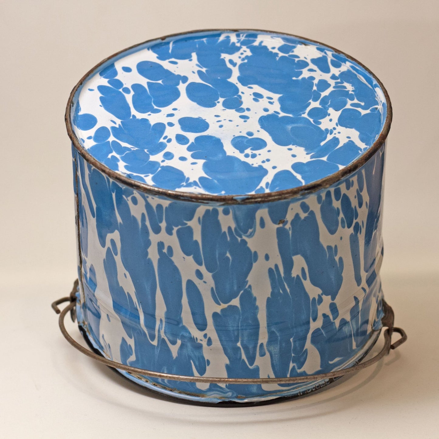 WATER BUCKET with Bright Blue and White Swirl Black Trim Circa 1880 - 1920