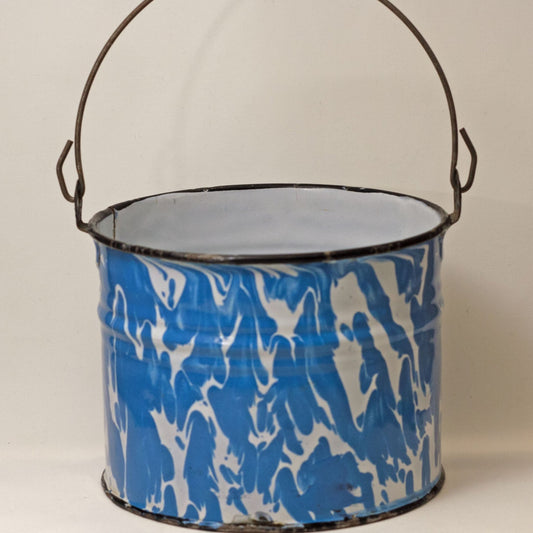 WATER BUCKET with Bright Blue and White Swirl Black Trim Circa 1880 - 1920