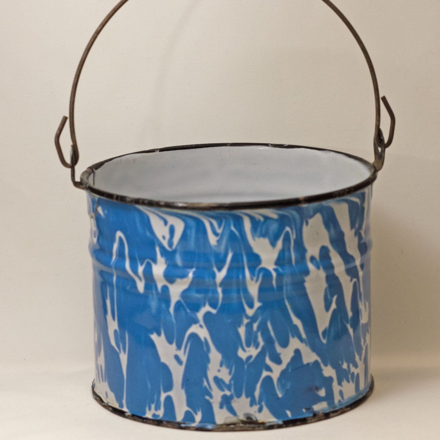 WATER BUCKET with Bright Blue and White Swirl Black Trim Circa 1880 - 1920