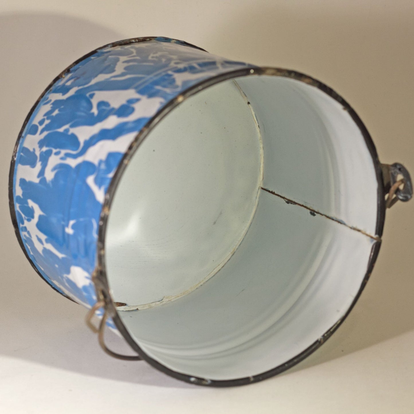 WATER BUCKET with Bright Blue and White Swirl Black Trim Circa 1880 - 1920