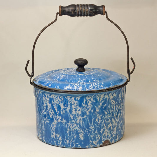 GRANITEWARE WATER PAIL with Lid Blue and White Swirl Circa 1880 - 1920