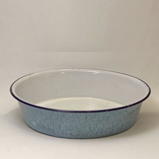 GRANITE WARE 8-INCH ROUND CAKE PAN Light Blue Gray Mottled with White Interior