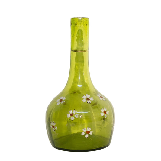 VICTORIAN ENAMELED BARBER BOTTLE Apple Green Colored Glass with Gold Gilt and Hand Painted White Enamel Daisies Circa 1880-1910