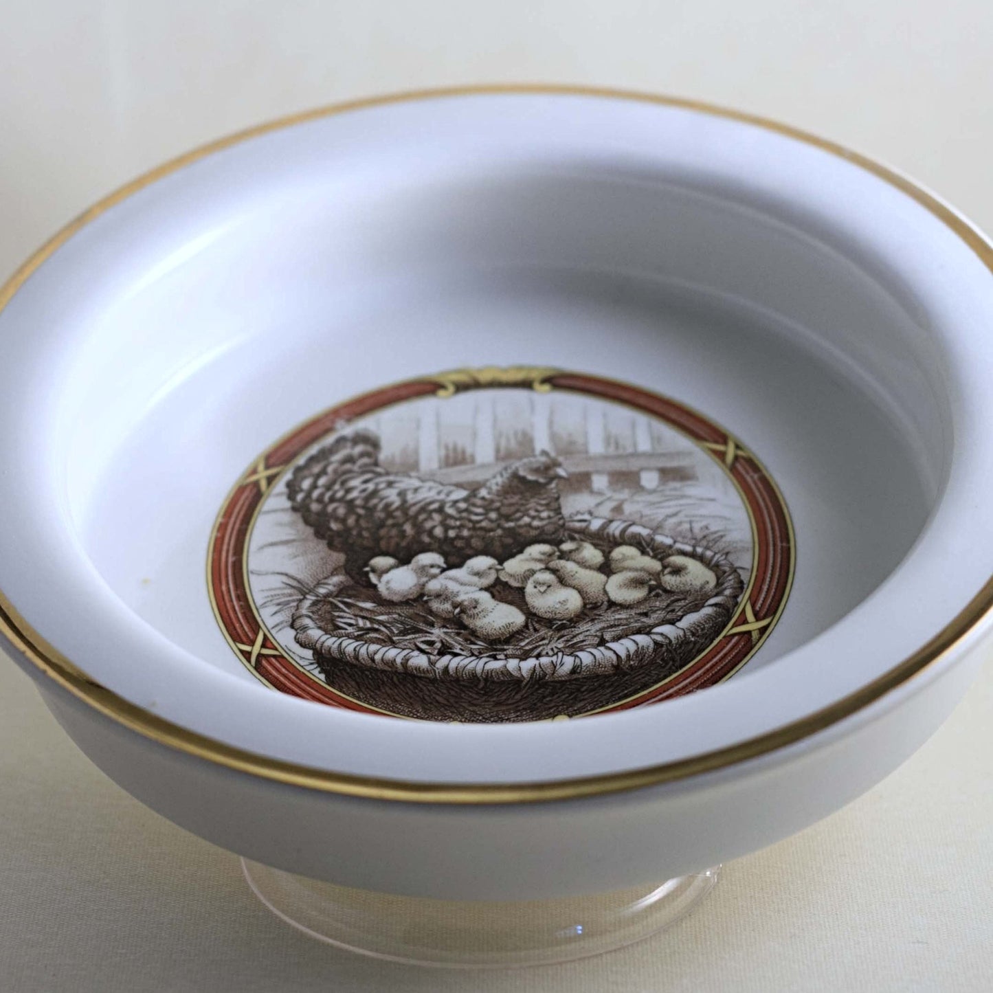 HARKER POTTERY CHILD PORRIDGE BOWL Illustrated with Hen Nesting with Baby Chicks Circa 1895