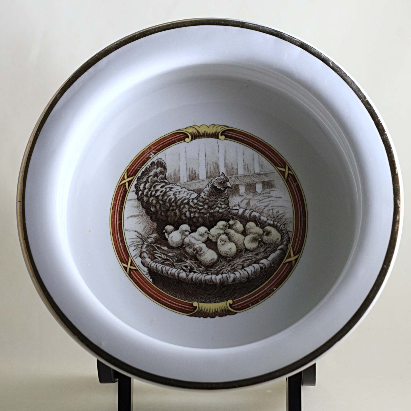 HARKER POTTERY CHILD PORRIDGE BOWL Illustrated with Hen Nesting with Baby Chicks Circa 1895