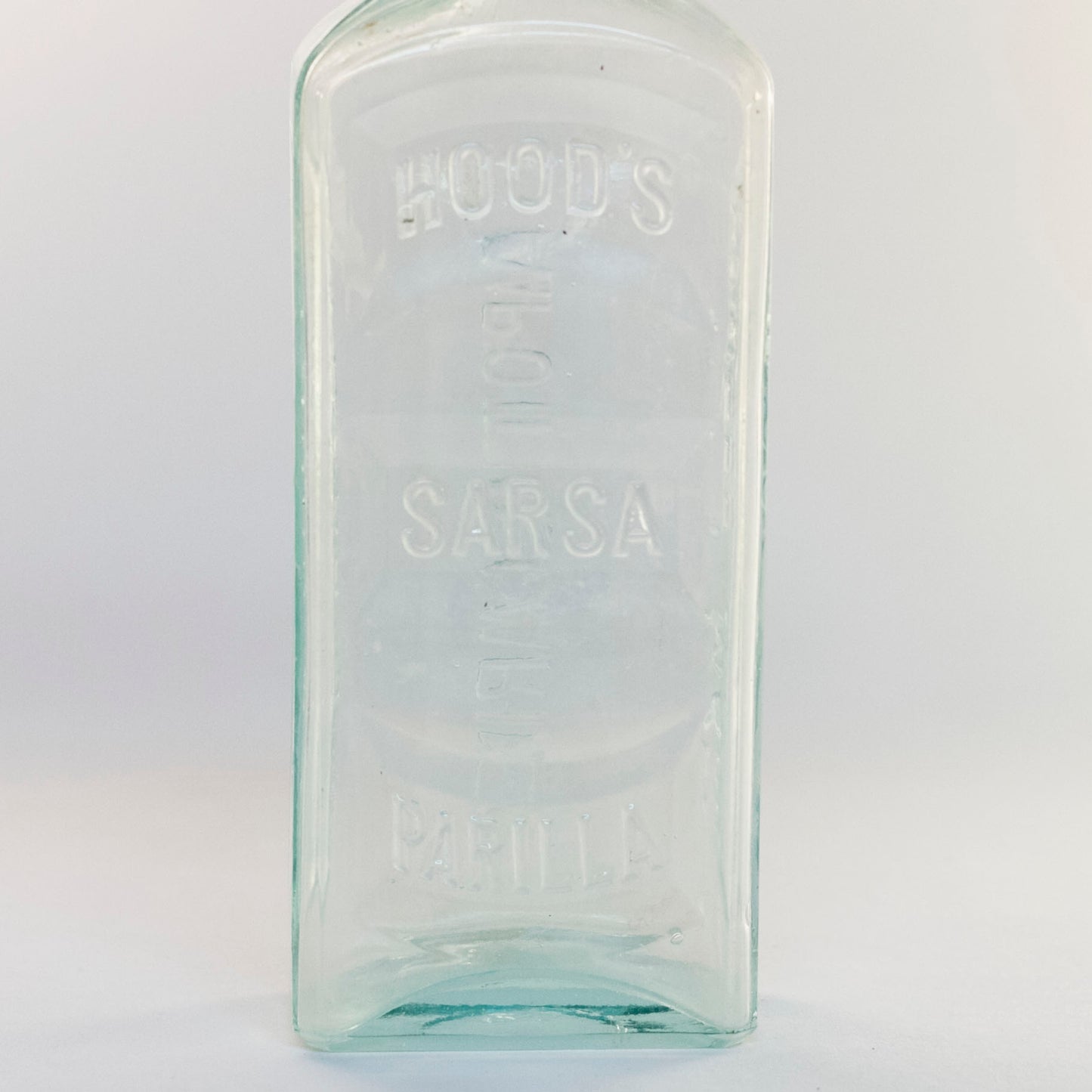 HOOD'S SARSAPARILLA APOTHECARIES Aqua Glass Bottle Lowell Massachusetts Circa 1878 - 1922