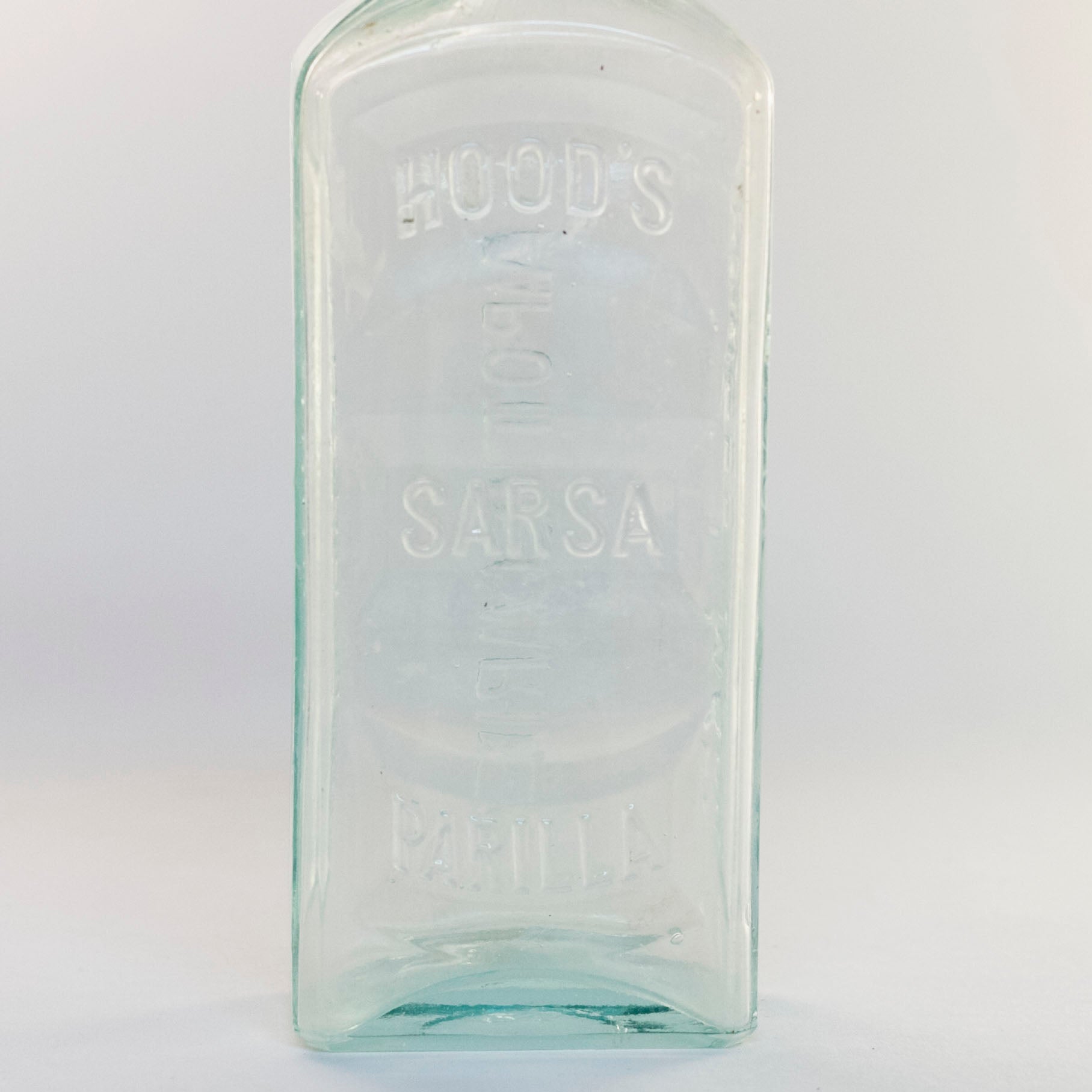 HOOD'S SARSAPARILLA APOTHECARIES Aqua Glass Bottle Lowell Massachusetts Circa 1878 - 1922