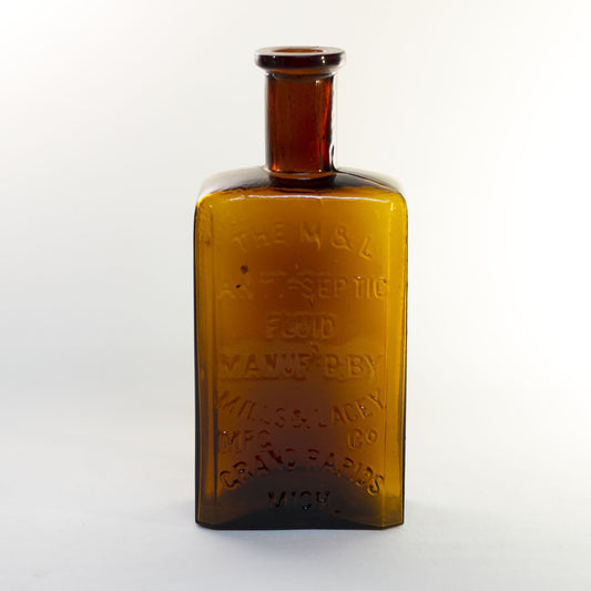 Antique Amber Glass M & L ANTI-SEPTIC Fluid Bottle for Embalming by Mills & Lacey Circa 1880s