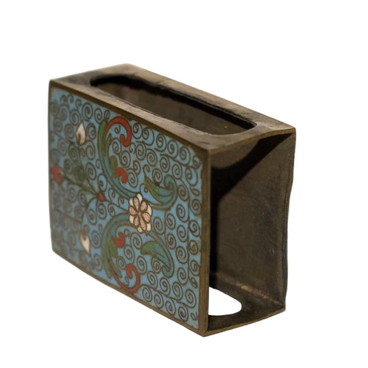 BRASS MATCH SAFE with Cloisonné Enamel Circa 1920s Angle View