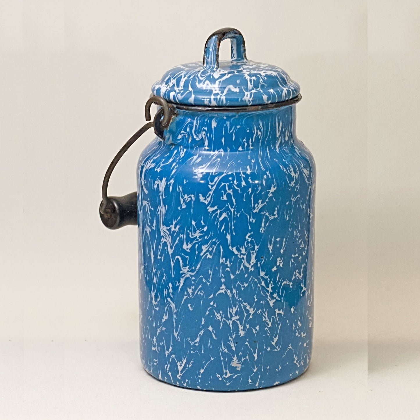 GRANITEWARE CREAM PAIL with Lid Blue and White Swirl Circa 1880 - 1920