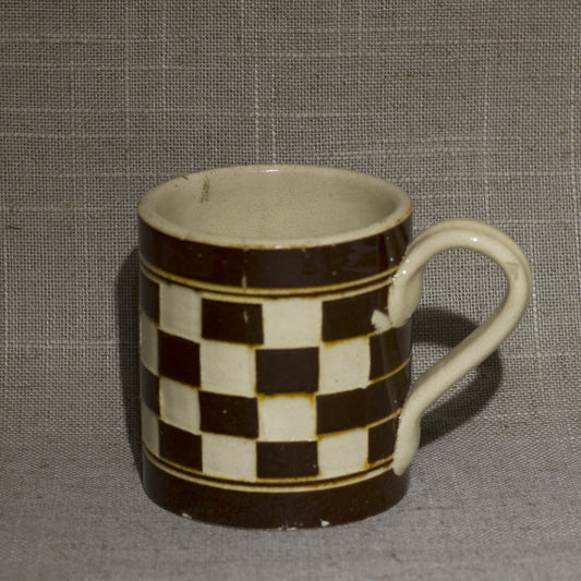 Antique MOCHA WARE Mug Checkerboard Pattern in Ivory and Chocolate Brown Marked AUSTRIA 00 Circa Early 19th Century