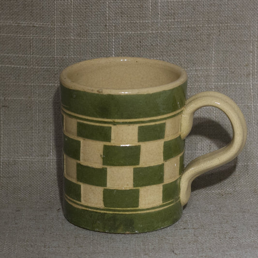 Antique English MOCHA WARE Checkerboard Pattern Mug Green and Tan Circa Early 19th Century