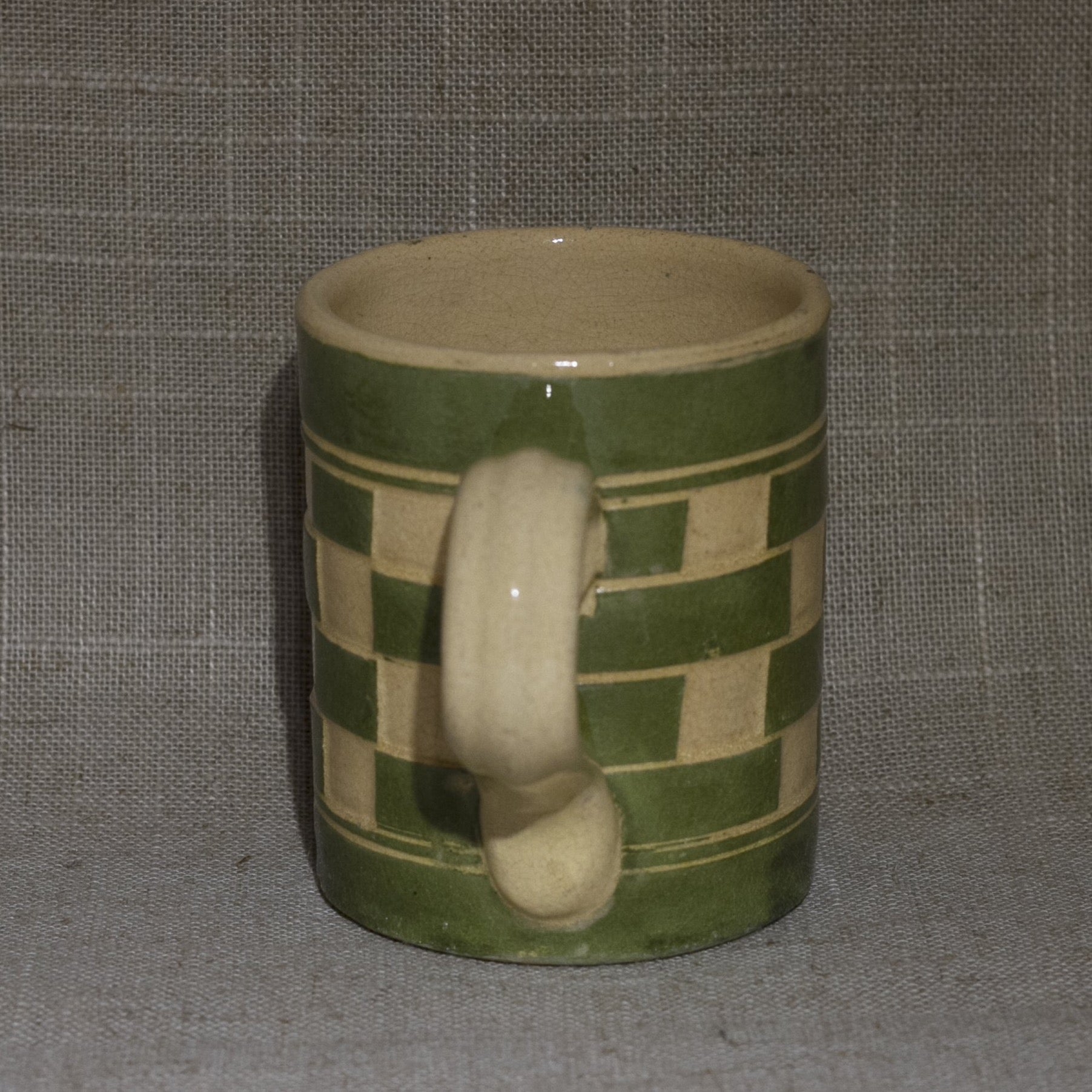 Antique English MOCHA WARE Checkerboard Pattern Mug Green and Tan Circa Early 19th Century