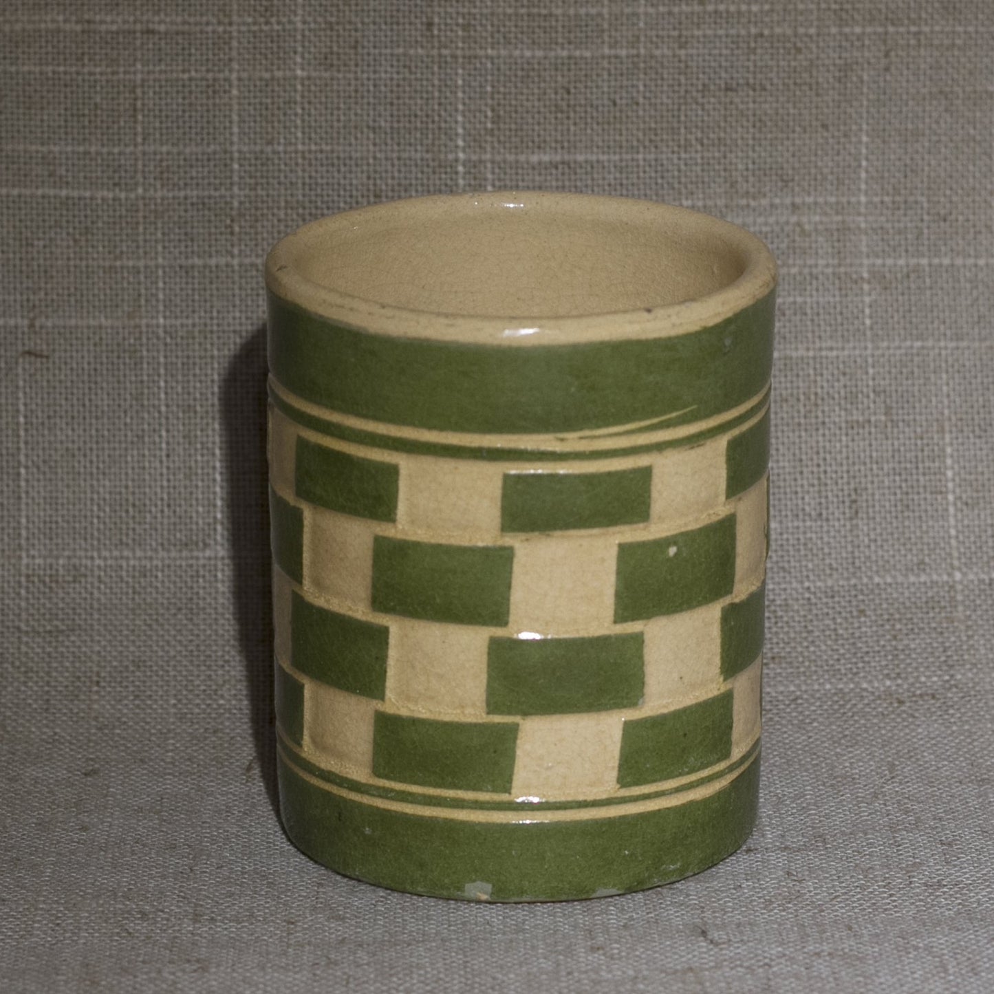 Antique English MOCHA WARE Checkerboard Pattern Mug Green and Tan Circa Early 19th Century