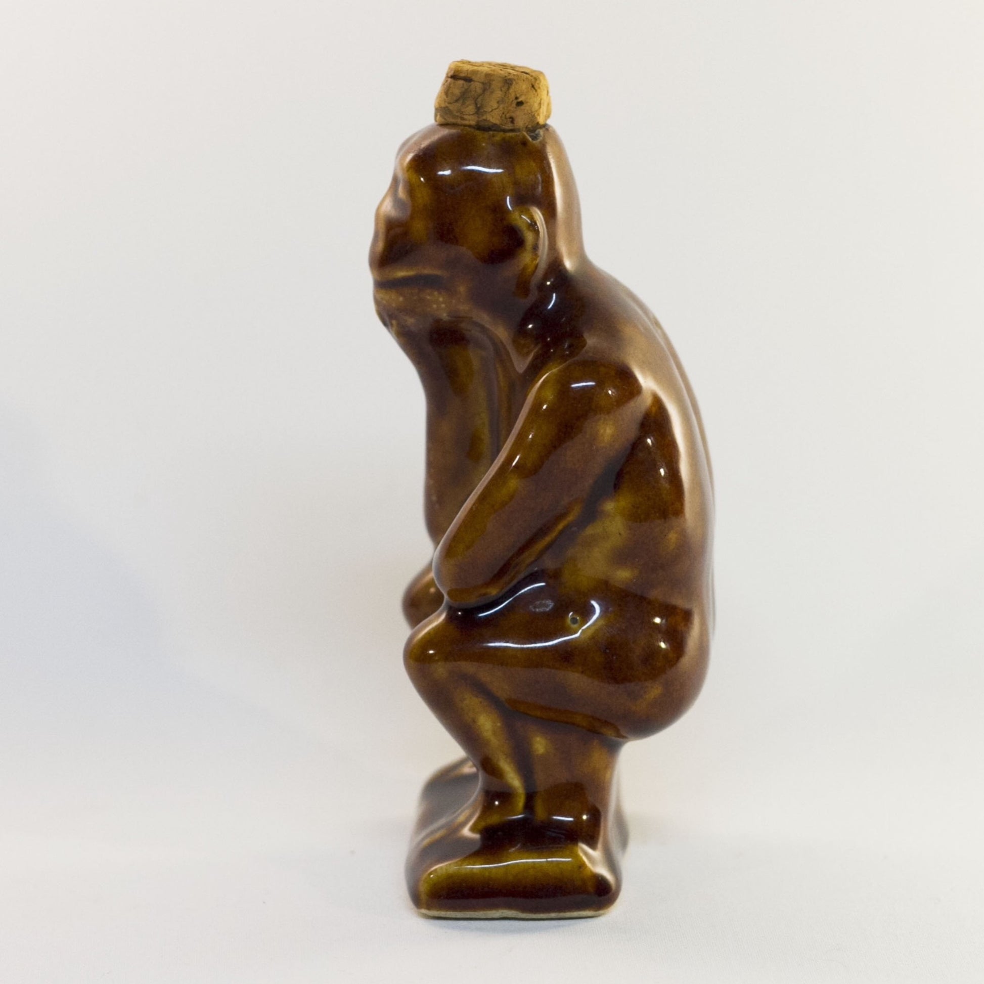 Early ART POTTERY Brown Glazed Bottle SITTING or THINKING MONKEY