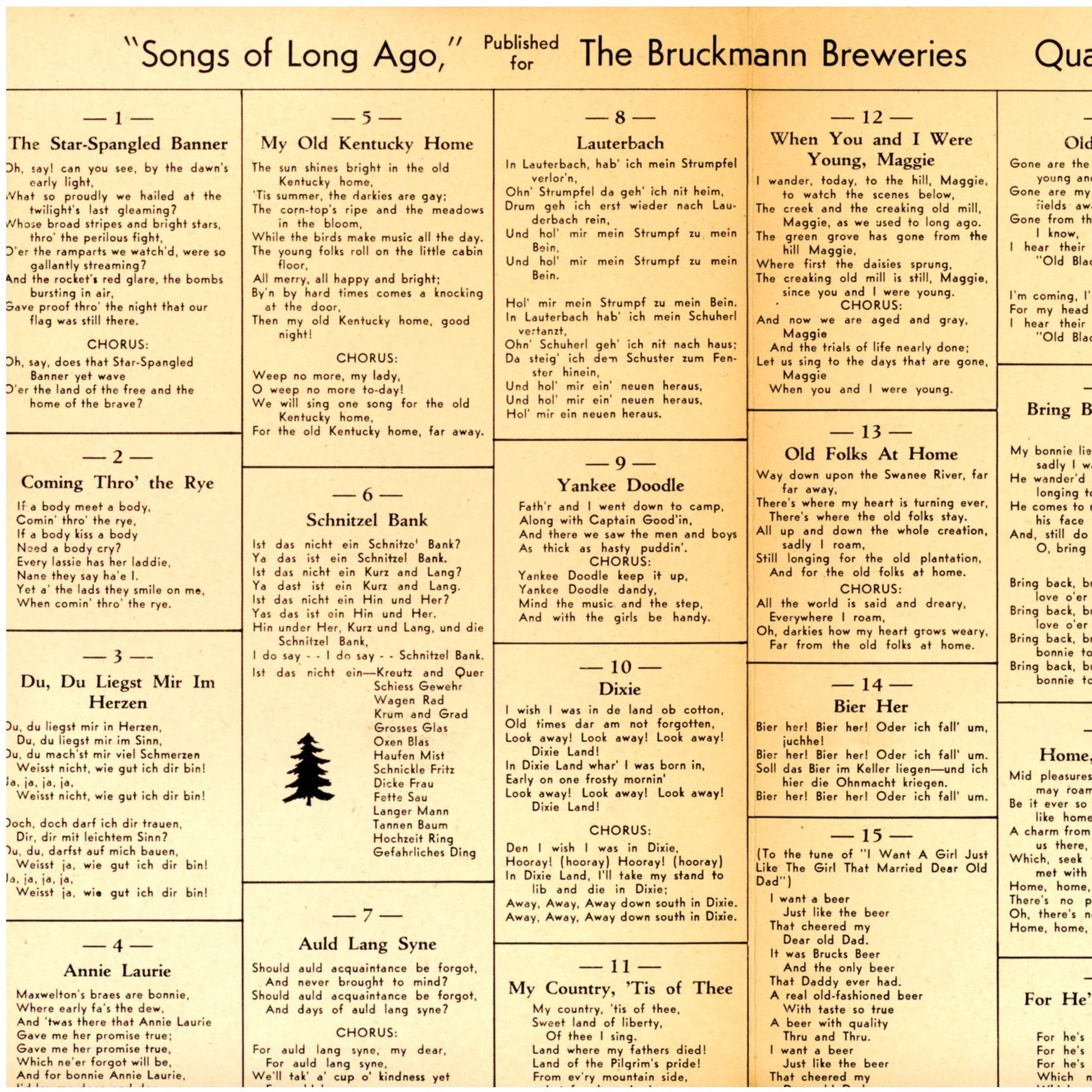 Songs of Long Ago BRUCKS JUBILEE BEER Songbook & Amber Bruckmann Beer Bottle Circa 1937 to 1945