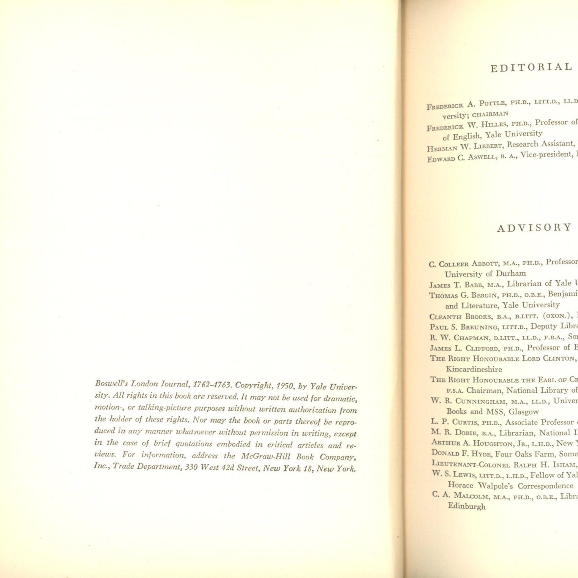 BOSWELL'S LONDON JOURNAL: 1762 - 1763 ©1950 Edited by Frederick A. Pottle First Edition