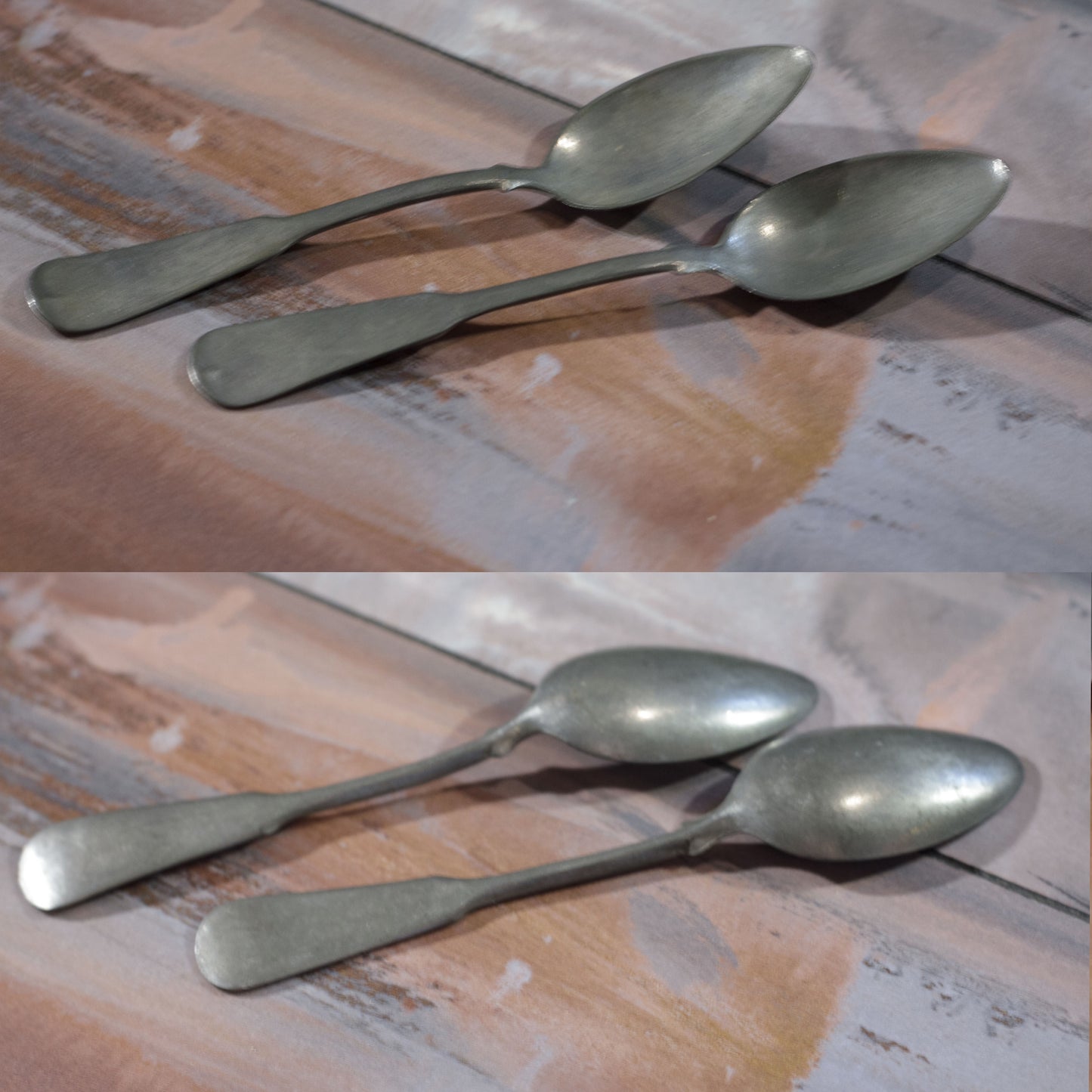 PEWTER ANTIQUE TEASPOONS Similar to Oval Thread Pattern Set of Two (2)