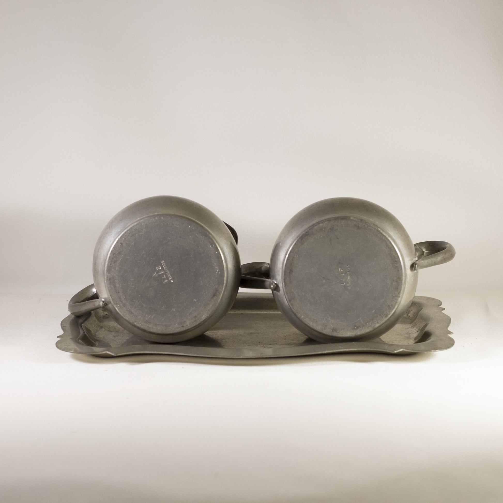 SOLID PEWTER Vintage Cream and Sugar Set with Underplate