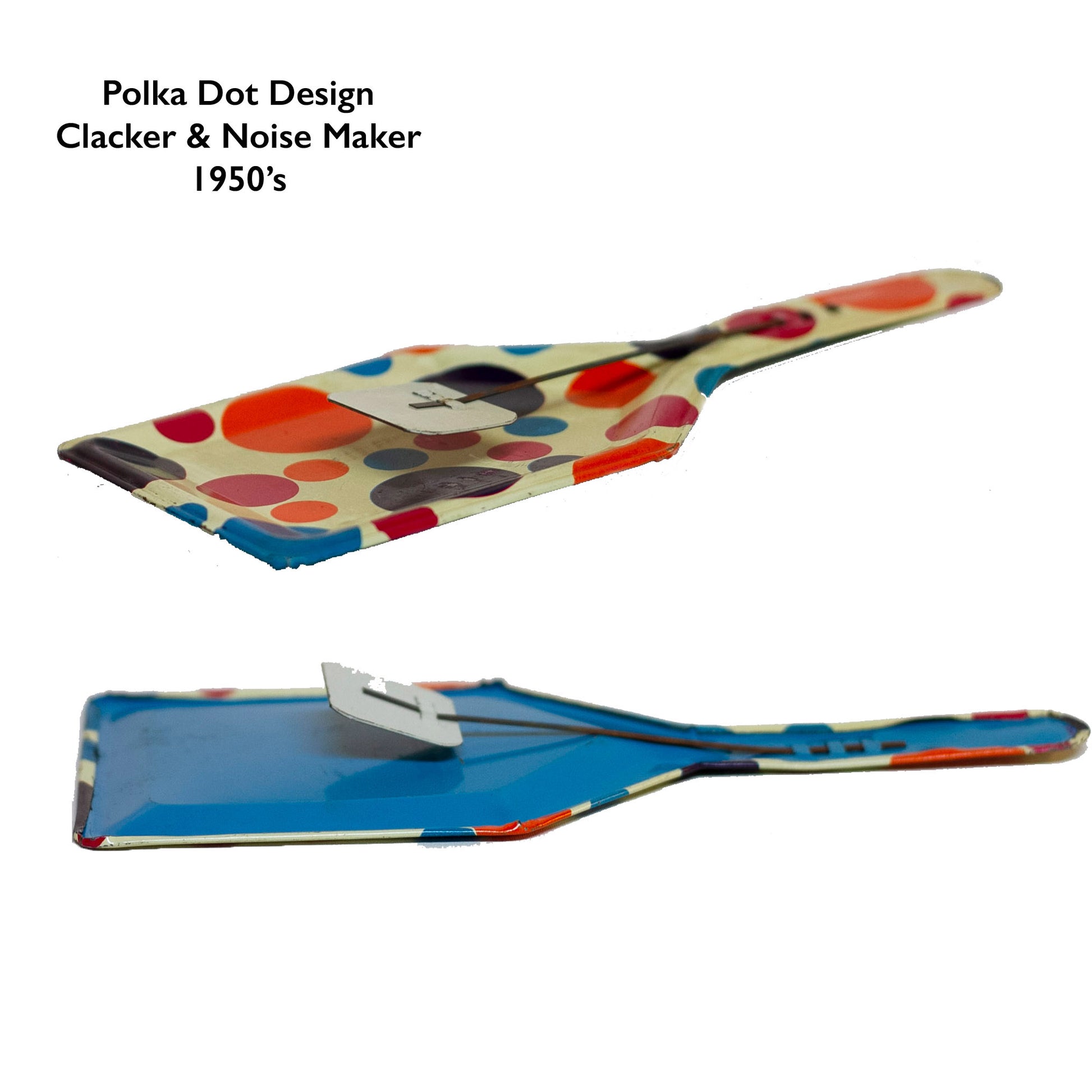 TIN-LITHOGRAPH POLKA DOT CLACKER 1950s NOISEMAKER. The lithograph on the shovel shaped noisemaker is filled with red, orange, purple, and blue polka dots. Appears to be a style that was part of a Party Time set made by the U.S. Metal Toy Manufacturing Company of Brooklyn, New York, but the lithograph is not marked.
