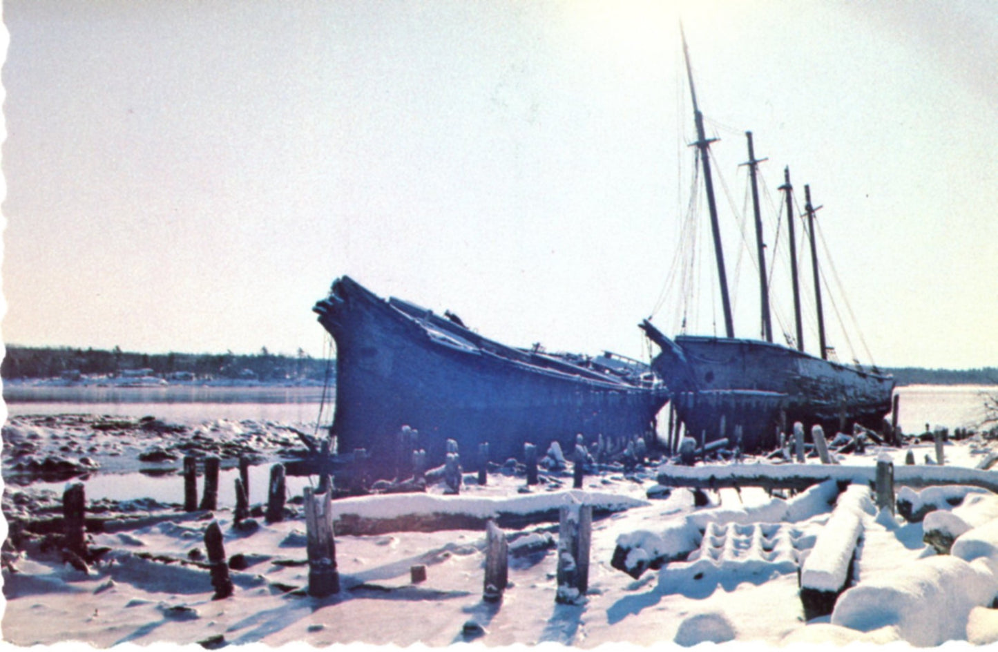 Cold Memories Sailing Ships in Snow MAINE COAST Vintage Postcard ©1970's